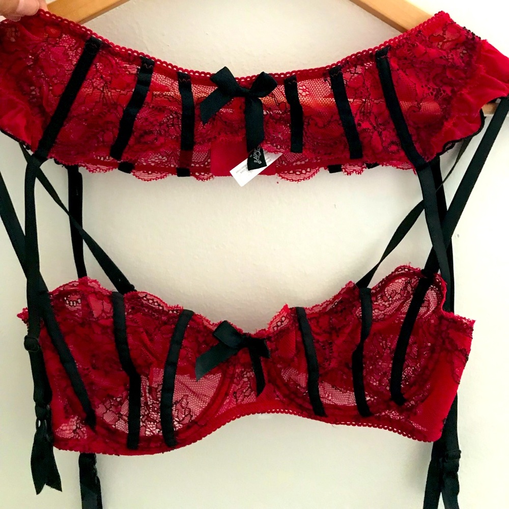 Red and Black Sheer Ooh La La Cheri Bra and Garter Set 3 Piece 34D